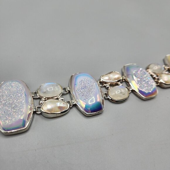 Sajen Druzy Bracelet Iridescent White Blue Pearl Chunky Link 925 Sterling Silver - Picture 3 of 14